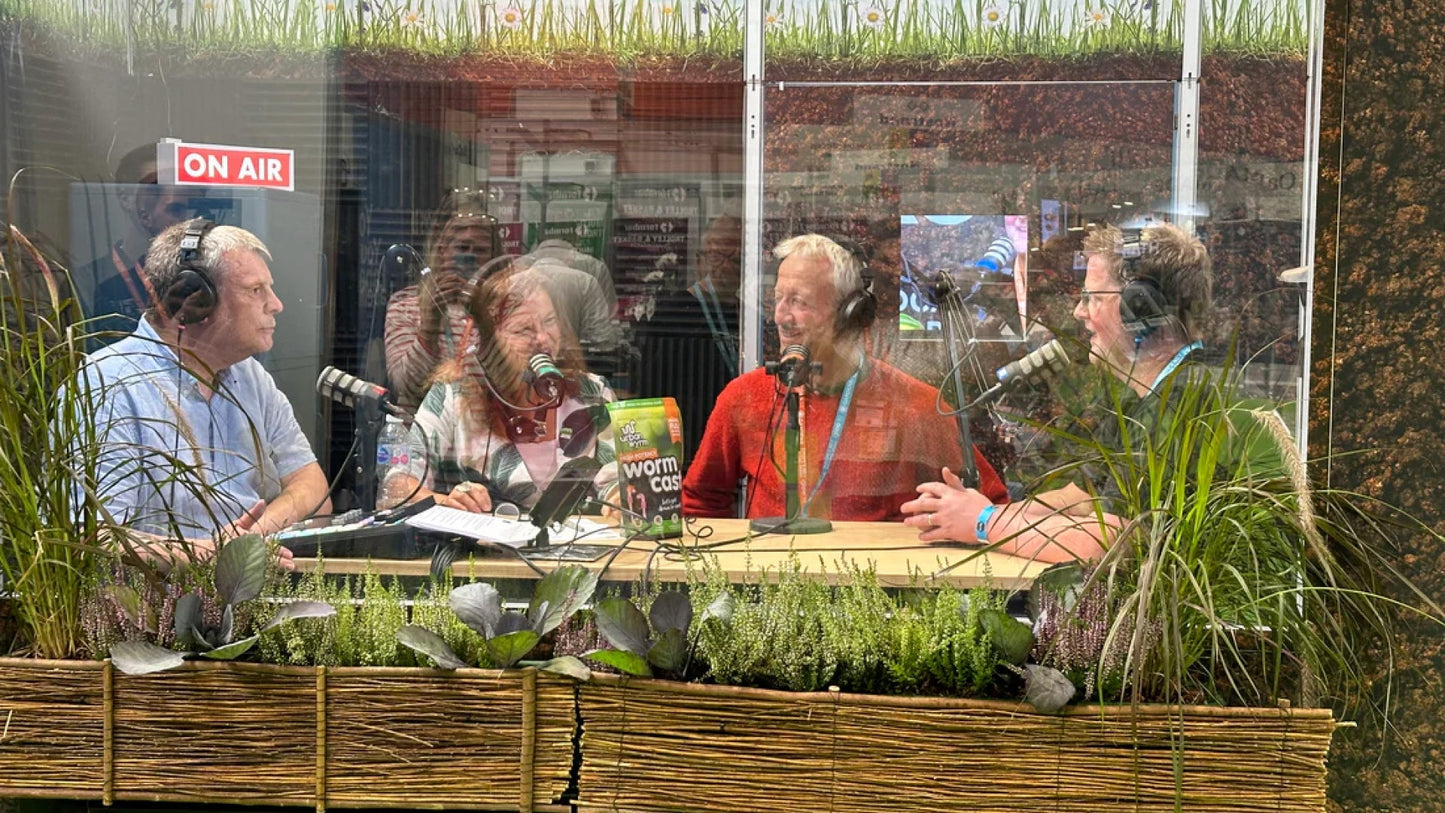 Charles Dowding and Chris Holgreaves from Gro Worm sit in a recording booth with the two hosts of the Underground Podcast