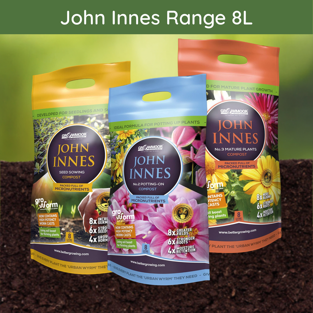 Three bags of John Innes compost from the 8L range displayed on dark soil